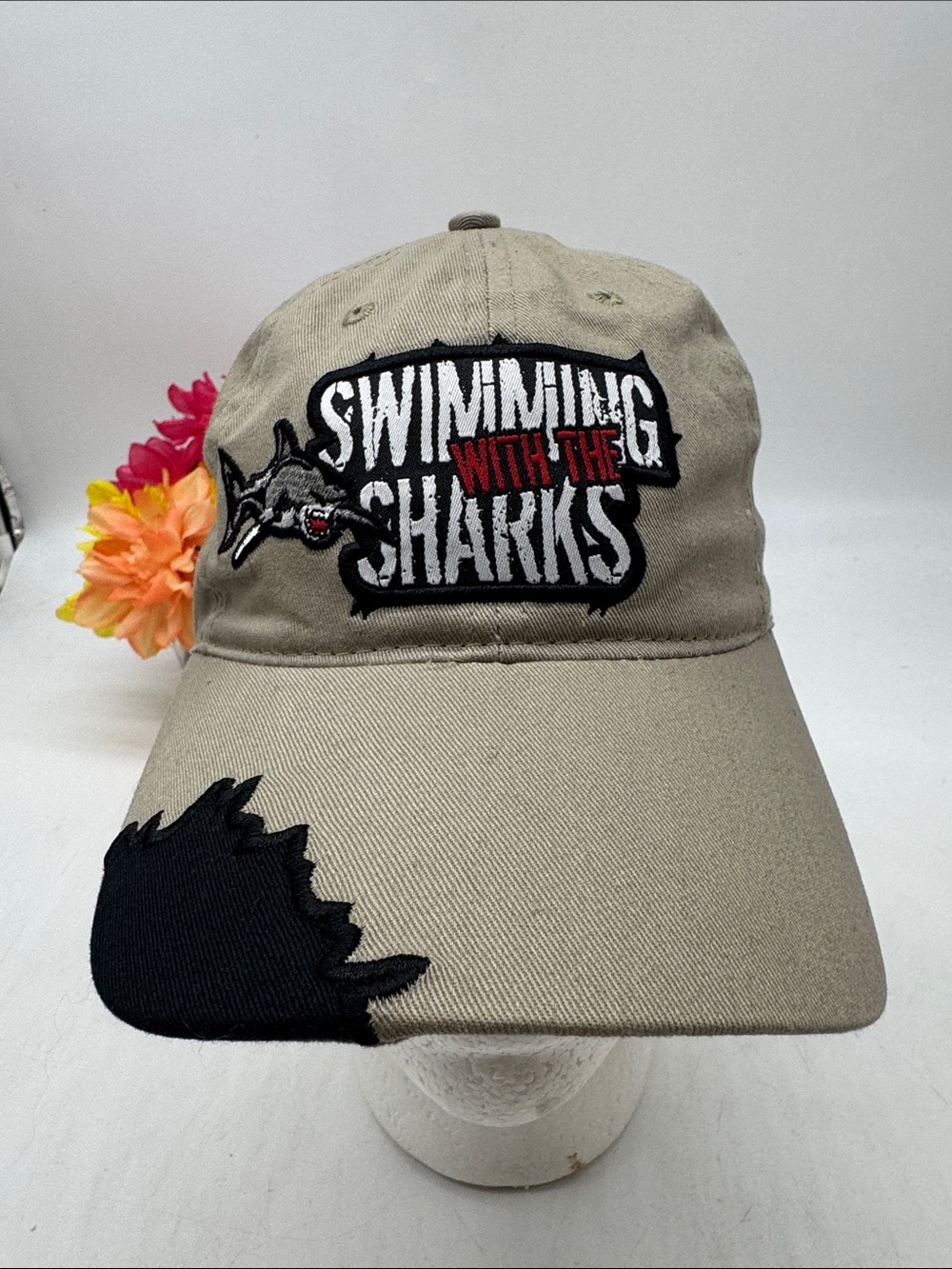 Swimming With The Sharks Embroidered Khaki Baseball Cap Golden Nugget Adjustable